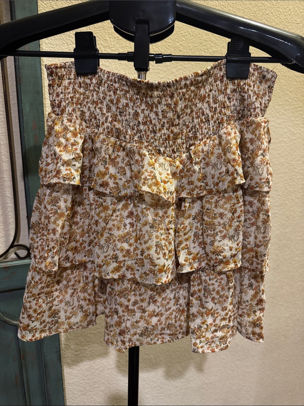 Altar'd State Floral Tiered Skirt in Brown & Cream Like New